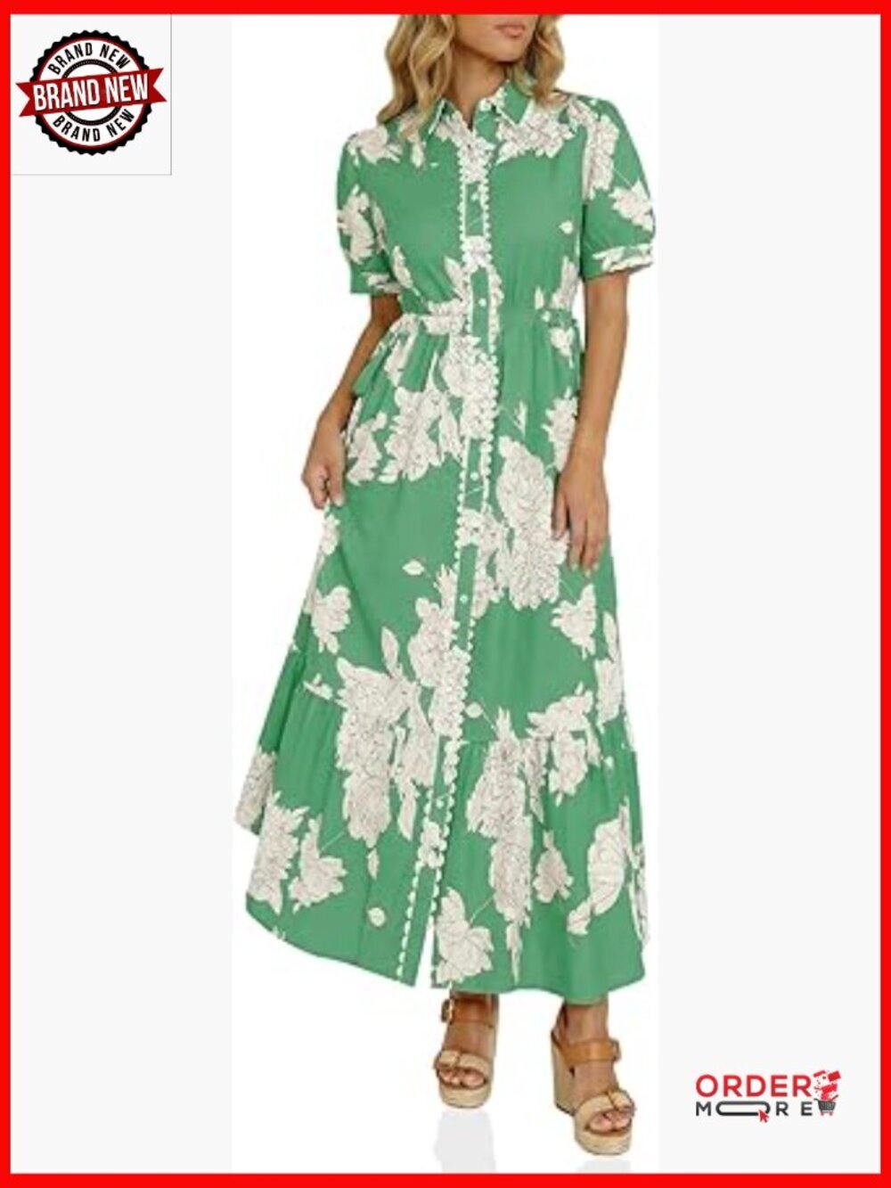 Casual Floral Maxi Shirt Dress with Drawstring Waist Button Down